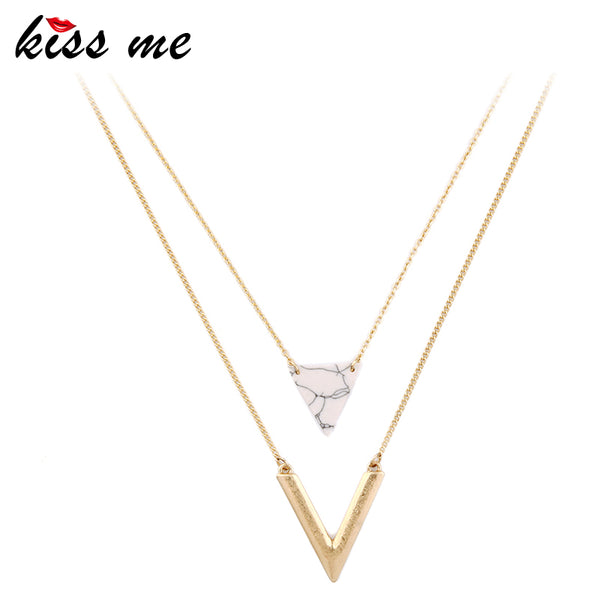 KISS ME Alloy Artificial Marble Triangle Pendant Necklace 2016 New Summer Jewelry Alloy Layered Necklace