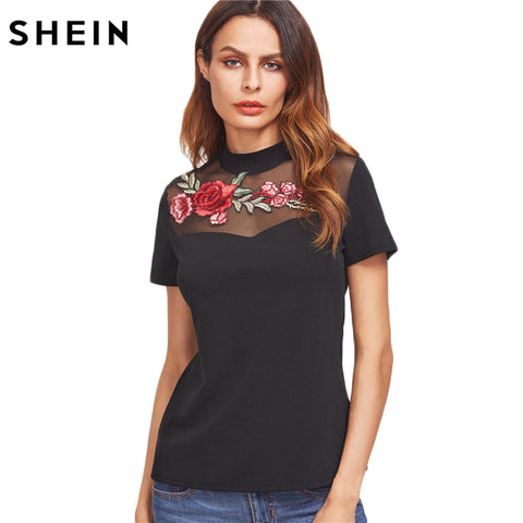 SHEIN T-shirt Women Casual T-shirt Women Black Embroidered Rose Applique Mesh Neck Short Sleeve Vintage T-shirt