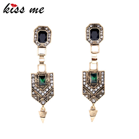 KISS ME Vintage Jewelry Women New Green Crystal Cone Ear Pendants Long Drop Earrings Factory Wholesale