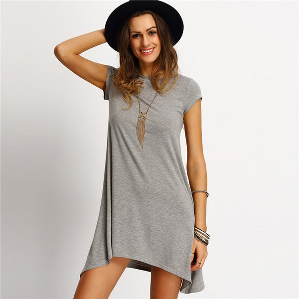 SHEIN New Arrival Womens Summer Dresses 2016 Ladies Grey Asymmetric Hem Casual Round Neck Short Sleeve Shift Tees Dress