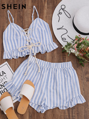 SHEIN 2017 Women Summer Two Piece Set Blue Striped Sleeveless Lace Up Smocked Crop Cami and Ruffle Shorts Co-Ord