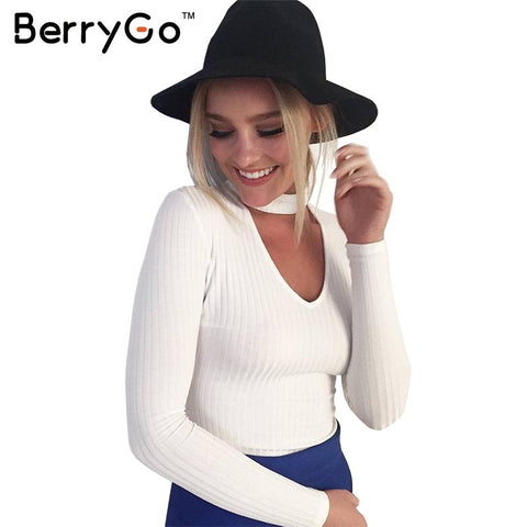 BerryGo Autumn winter black halter knitted sweater White sexy pullover women tops Slim v neck long sleeve chic jumper pull femme