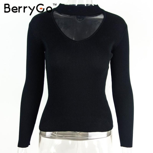BerryGo Autumn winter black halter knitted sweater White sexy pullover women tops Slim v neck long sleeve chic jumper pull femme