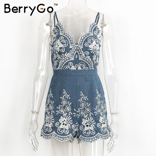 BerryGo Embroidery strap summer jumpsuit romper V neck zipper elegant jumpsuit women Floral playsuit 2017 sexy short overalls