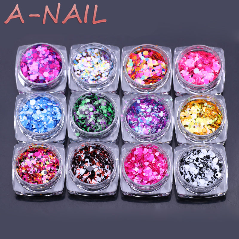 12jars/set Nail Art Glitter ROUND Shapes Confetti Sequins Acrylic Tips UV Gel A Style 1mm 2mm 3mm Manicure 3D Shiny Ultrathin