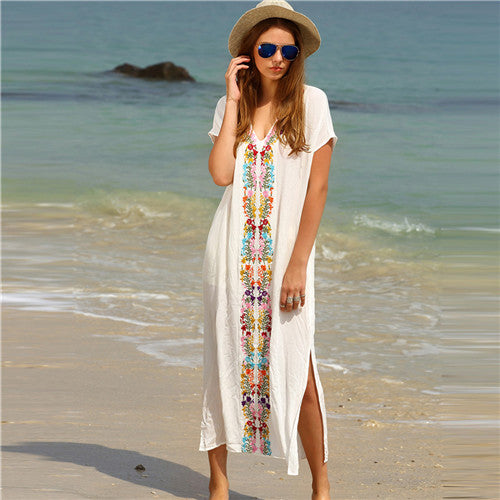 SHEIN Summer Beach Long Dresses for Women Boho White Embroidery V Neck Short Sleeve Placement Print Split Side Maxi Dress