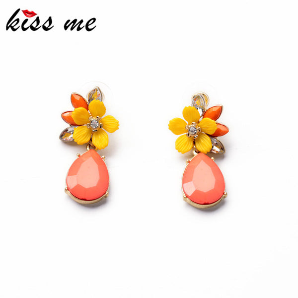 KISS ME Jewelry 2017 Graceful Pink Water Drop Yellow Resin Flower Earrings for Women Fashion Drop Earrings Accessories