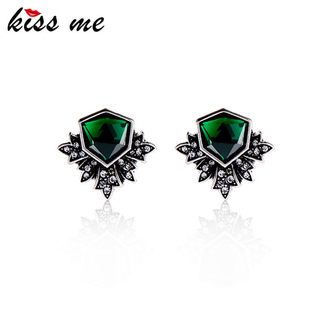 KISS ME Antique Silver Color Green Stud Earrings Fashion Jewelry New Brand Women Vintage Accessories