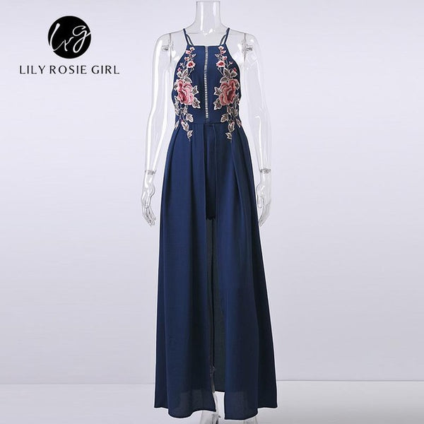 Lily Rosie Girl White Embroidery Floral Sexy Party Playsuits Split Autumn Winter Backless Jumpsuits Short Beach Rompers Overall
