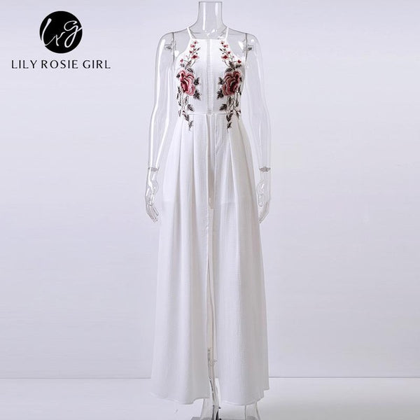 Lily Rosie Girl White Embroidery Floral Sexy Party Playsuits Split Autumn Winter Backless Jumpsuits Short Beach Rompers Overall
