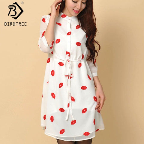 Casual Drawstring  Autumn Cute Red Lips Print Stand Collar lined Dresses Women Chiffon Dress with Sashes Plus Size S-4XL