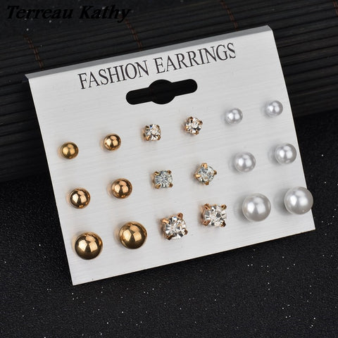 Terreau Kathy 9 Pairs/lot Crystal Pearl Stud Earrings Piercing Gold Color 2016 Fashion Earrings For Women Bijoux Jewelry Brincos