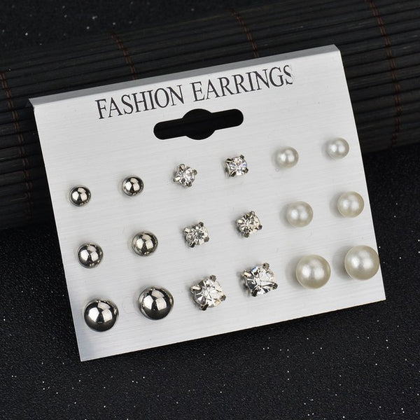 Terreau Kathy 9 Pairs/lot Crystal Pearl Stud Earrings Piercing Gold Color 2016 Fashion Earrings For Women Bijoux Jewelry Brincos