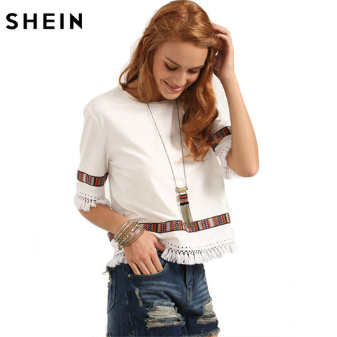 SHEIN Beige Vintage Embroidered Fringe Blouses Summer Womens Casual Tops Round Neck Half Sleeve Patchwork Blouse