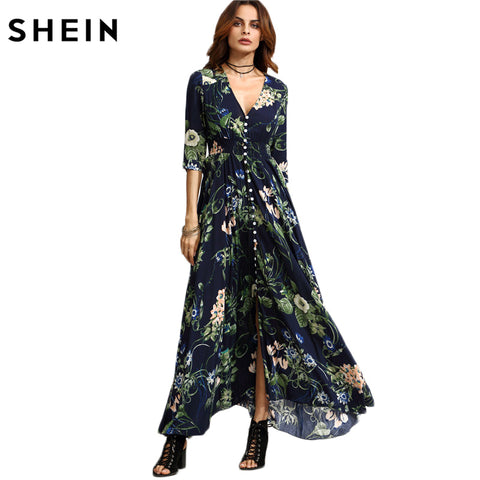 SHEIN Long Floral Maxi Dress Boho Long Dress Elegant Beach Navy Floral Print Half Sleeve Button Front A Line Shirt Dress