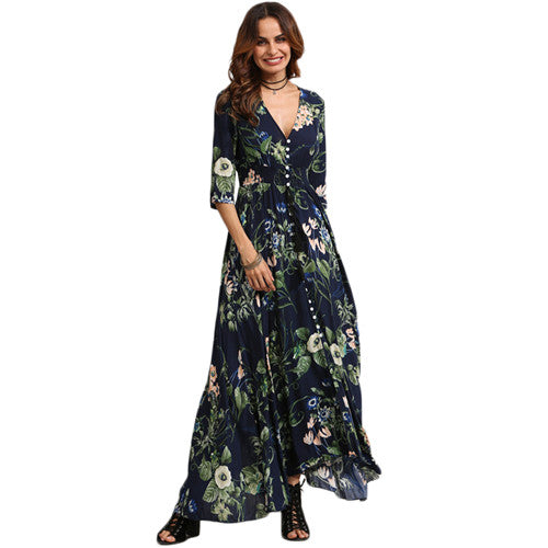 SHEIN Long Floral Maxi Dress Boho Long Dress Elegant Beach Navy Floral Print Half Sleeve Button Front A Line Shirt Dress