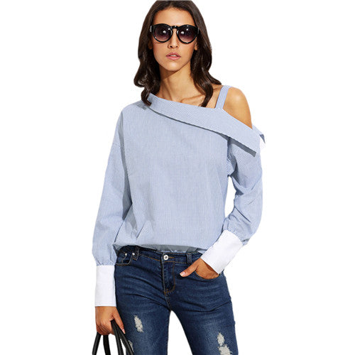 SHEIN Womens Tops Fashion Autumn Ladies Blue Striped Fold Over Asymmetric Shoulder Long Sleeve Contrast Cuff Blouse