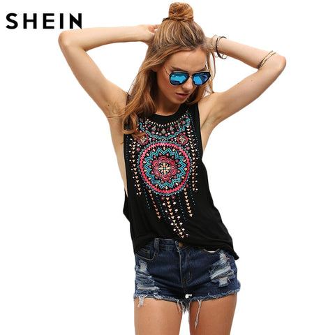 SHEIN New Summer Style Black Women Sexy Tops Round Neck Sleeveless Vintage Tribal Print Fitness Casual Tank Tops