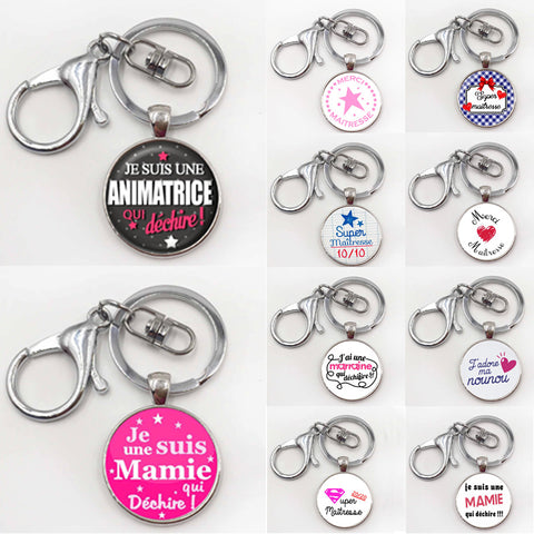Steampunk Pop Rock band keychains summer jewelry je suis une animatrice key holder Glass gem art picture pendant Alloy key ring