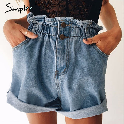 Simplee Casual black hemming denim shorts women Button summer beach 2017 high waist shorts Pocket blue jeans shorts female