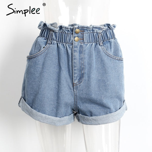 Simplee Casual black hemming denim shorts women Button summer beach 2017 high waist shorts Pocket blue jeans shorts female