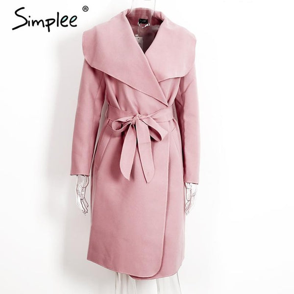 Simplee Black ruffle warm winter coat Women turndown long coat collar overcoat female Casual autumn 2016 pink outerwear