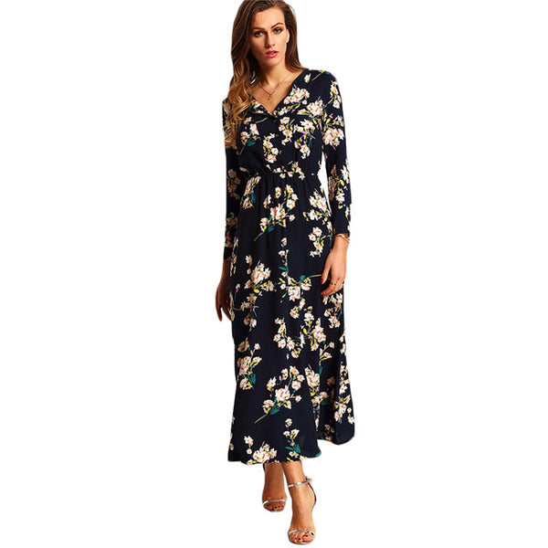 SHEIN New Arrival Boho Women Maxi Dresses Navy V Neck Long Sleeve Womens Elegant With Button Floral Long Party Dress