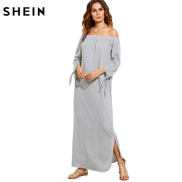 SHEIN Long Shift T-shirt Dresses For Ladies Summer Heather Grey Off The Shoulder Tie Long Sleeve Slit Maxi Dress