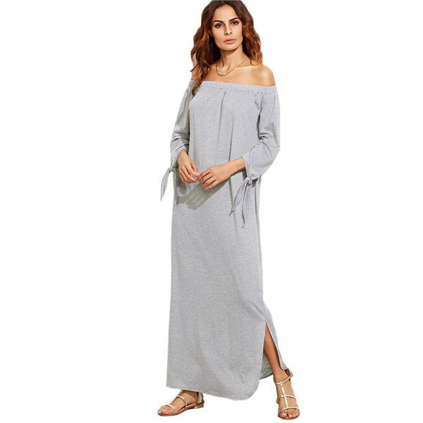 SHEIN Long Shift T-shirt Dresses For Ladies Summer Heather Grey Off The Shoulder Tie Long Sleeve Slit Maxi Dress