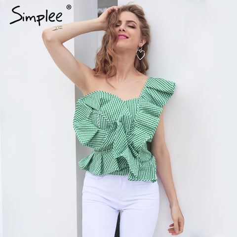 Simplee One shoulder blouse shirt women tops Summer irregular striped shirt blouse chemise femme Elegant ruffles zipper blusas