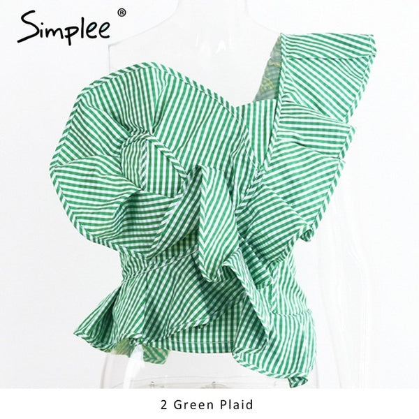 Simplee One shoulder blouse shirt women tops Summer irregular striped shirt blouse chemise femme Elegant ruffles zipper blusas