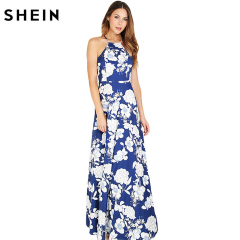 SHEIN Womens Summer Maxi Dresses New Arrival Ladies Boho Dress Sleeveless Blue Halter Neck Floral Print Vintage A Line Dress