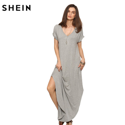SHEIN Women Summer Casual Shift Dresses Womens Plain Grey V Neck Short Sleeve Rolled-cuff Pockets Split Maxi Dress
