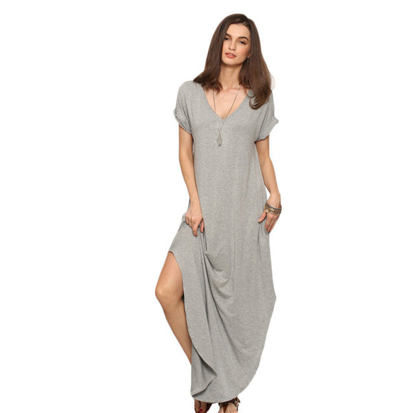 SHEIN Women Summer Casual Shift Dresses Womens Plain Grey V Neck Short Sleeve Rolled-cuff Pockets Split Maxi Dress