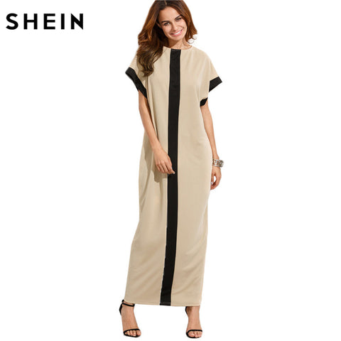 SHEIN Women Loose Long Dresses Summer Dresses Casual Color Block Pocket Round Neck Short Sleeve Shift Maxi Dress