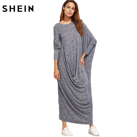 SHEIN Winter Long Maxi Dress Brand Casual Dresses Navy Marled Knit Draped Asymmetric Long Sleeve Oversized Dress