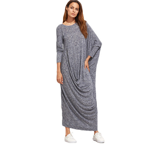 SHEIN Winter Long Maxi Dress Brand Casual Dresses Navy Marled Knit Draped Asymmetric Long Sleeve Oversized Dress