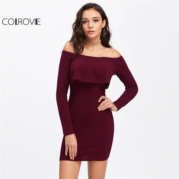 COLROVIE Long Sleeve Mini Dress Womens Autumn Winter Dresses Women Sexy Party Burgundy Off Shoulder Ruffle Bodycon Dress