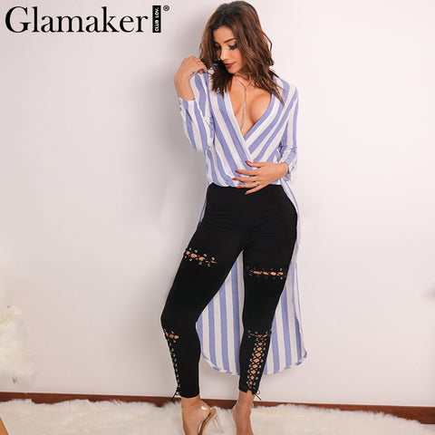Glamaker Swallowtail striped women blouse shirt 2016 Autumn long sleeve deep v neck loose casual blouse blusas Party sexy tops