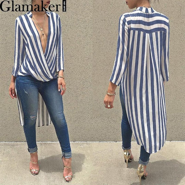 Glamaker Swallowtail striped women blouse shirt 2016 Autumn long sleeve deep v neck loose casual blouse blusas Party sexy tops