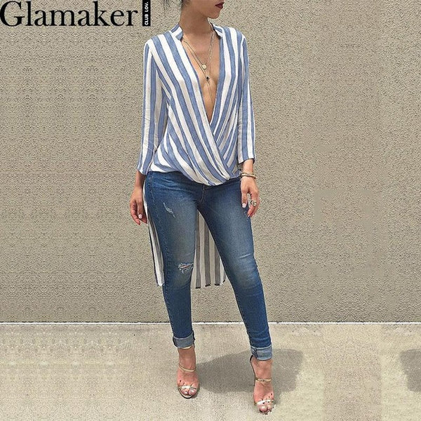 Glamaker Swallowtail striped women blouse shirt 2016 Autumn long sleeve deep v neck loose casual blouse blusas Party sexy tops