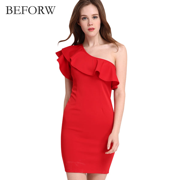 BEFORW Sexy Women Dress Dresses Sexy Shoulder Flouncing Package Hip Slim Solid Color Fashion Sexy Casual Dress Dresses