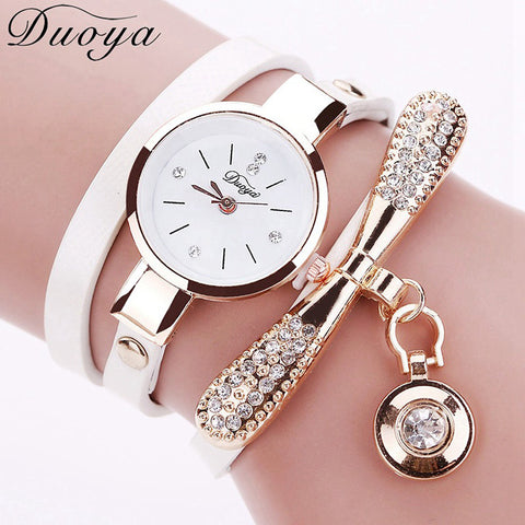 Duoya Women Bracelet Fashion Watch Gold Crystal Rhinestone Leather Dress Quartz Wristwatch Clock Ladies Vintage Luxury Watch
