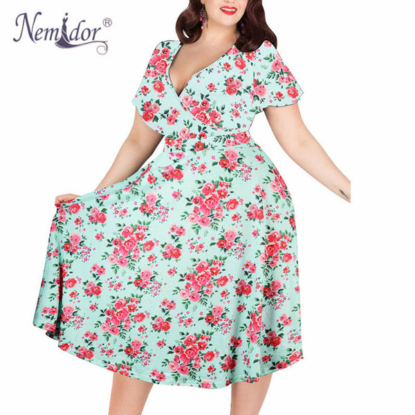 Nemidor Women Sexy V-neck Short Sleeve 50s Party A-line Dress Elegant Stretchy Midi Plus Size 7XL 8XL 9XL Cocktail Swing Dress