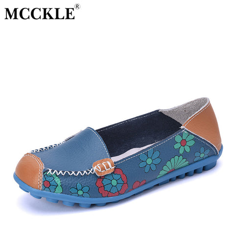 MCCKLE 2017 Spring Women Casual Shoes Female Genuine Leather Printing Loafers Shoes Woman Fashion Slip On Shallow Flats Shoes
