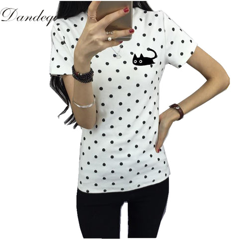 Dandeqi 2017 Summer Women's T-shirt Casual Clothes Girls Tops O-neck Polka Dotted Printed T-shirt For Lady Short Sleeves Tees