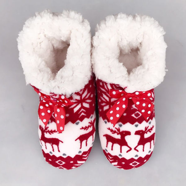 Winter Warm Women Indoor Shoes Lovely Reindeer Pattern Plush Cotton Shoes Bota With Bow Non-slip Soft Sole Home Floor Slippers