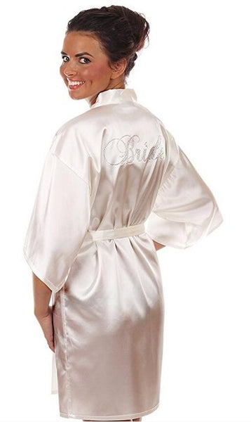 Satin Faux Silk Wedding Bride Bridesmaid Robes,White Bridal Dressing Gown/ Kimono Bathrobes,"BRIDE""BRIDE MAID" Graphic on Back