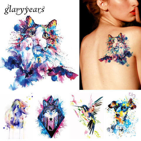1x DIY Body Art Temporary Tattoo Colorful Animals Watercolor Painting Drawing Horse Butterfly Decal Waterproof Tattoos Sticker