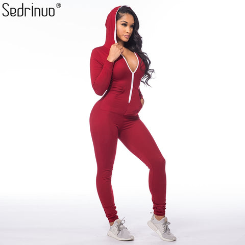 2017 Casual Women One Piece Outfits Jumpsuits Long Sleeve Bodycon Front Zipper Hooded Long Pants Sexy Black/Red Rompers Playsuit